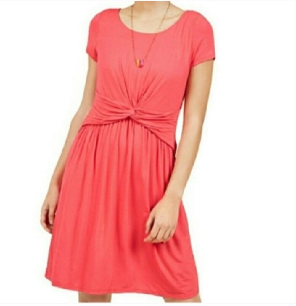 Modcloth Fervour Whole New Whirl Jersey Knit Dress XS Gathered Waist Coral Pink